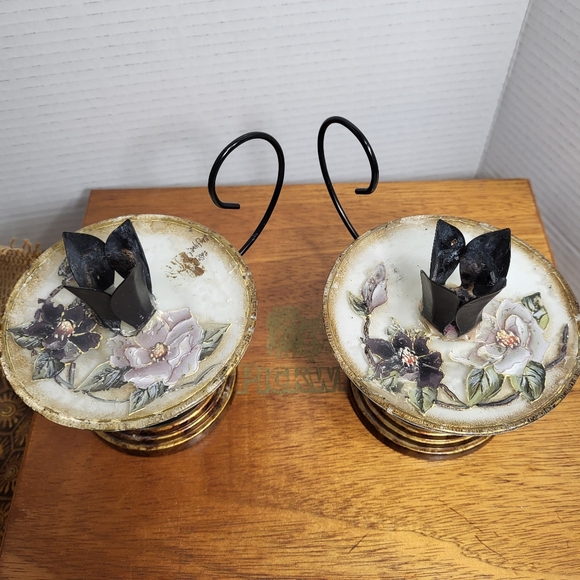 Vintage Pair of Porcelian and Metal Hand Painted Floral Candle Holders - Picture 3 of 17